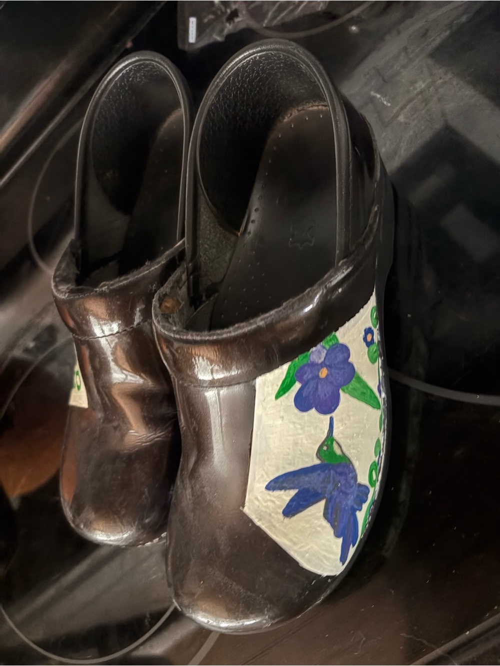Black Leather Women's Dansko Clogs with Hand-Painted Floral Accent